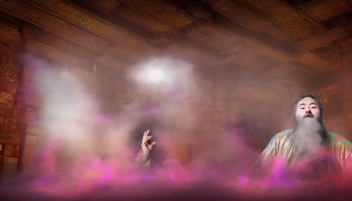 Prompt: feedback loop , burst of powders ,volumetric lighting, twisting vapour, bellowing dust ,flowing shimmering iridescent fabrics, emerging hands and an ancient male bearded face , inside a huge traditional Japanese Royal ornate temple , full colour , upscale , 4k