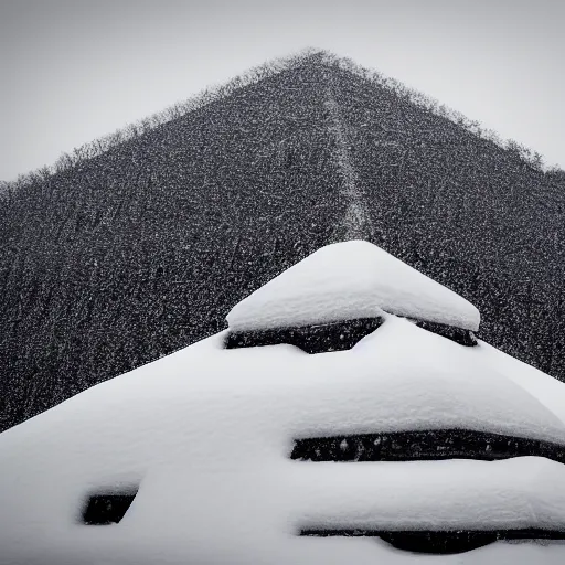 Prompt: a monolithic pyramid on the horizon in a taiga. overcast sky, snowing.