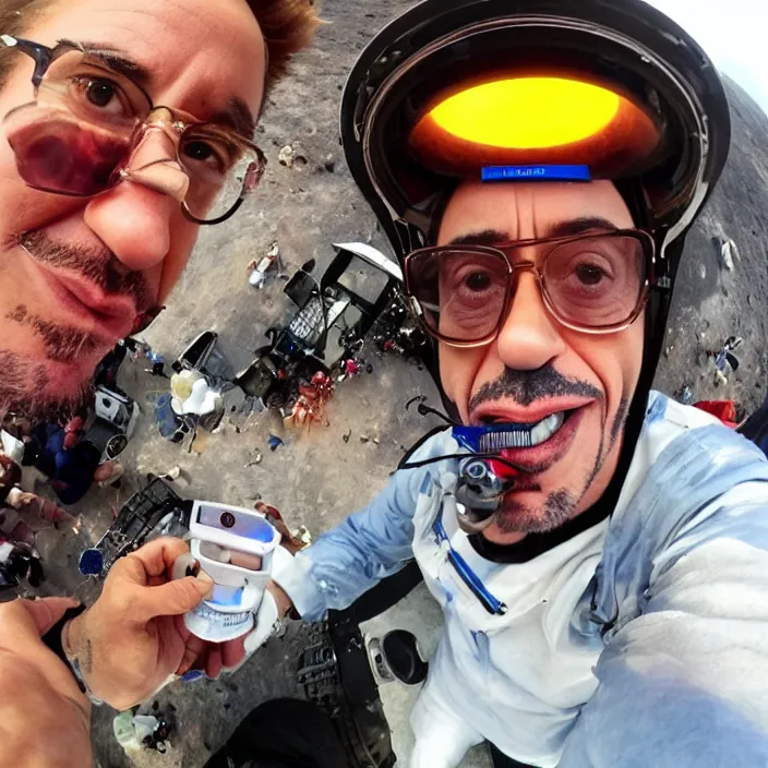 Prompt: robert downey jr eating a delicious hot dog on the moon, gopro selfie with a fisheye lens