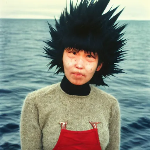 Prompt: black - haired girl with wild spiky black saiyan hair with long bangs over her eyes, hair covering eyes, wearing casual clothing, standing on an alaskan fishing vessel, mekoryuk, alaska, 1 9 6 5, polaroid, kodachrome, grainy photograph