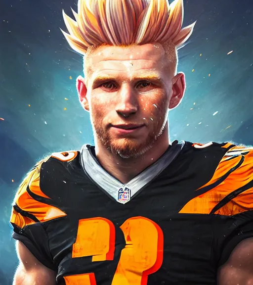 Image similar to highly detailed portrait of super saiyan cooper kupp cincinnati bengals football, unreal engine, fantasy art by greg rutkowski, loish, rhads, ferdinand knab, makoto shinkai and lois van baarle, ilya kuvshinov, rossdraws, tom bagshaw, global illumination, radiant light, detailed and intricate environment