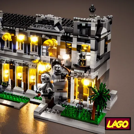 Image similar to mara - a - lago fbi raid lego set, photorealistic, studio lighting, highly detailed, cinematic composition, realistic render, octane render, detailed textures