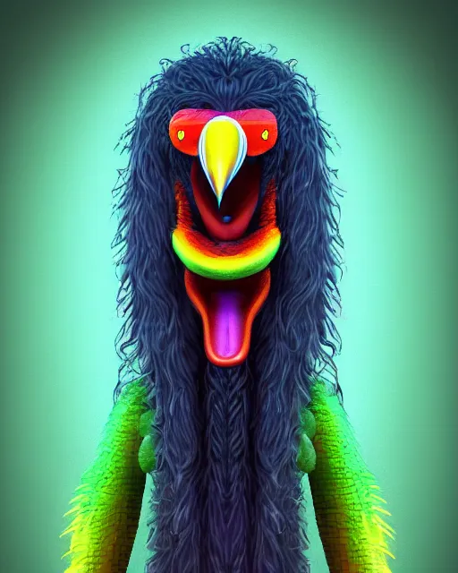 Image similar to realistic bipedal alligator character, long curly fur, full skull shaped face cover, mage robe based on a toucan, 6 toucan beaks, in the style of tim burton, stylized, video animation, hogwarts legacy, chromatic aberration, super natural, neon glow