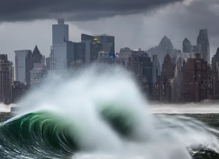 Image similar to Color photograph of a large wave crashing into the Manhattan skyline, doomsday, epic lighting