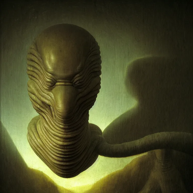 Image similar to portrait of a ribbed alien by hieronymus bosch, wide shot, soft glow bloom lucid dream - like ethereal atmosphere, baroque portrait painting, perfect composition, beautiful intricate detailed octane render trending on artstation, 8 k artistic photography, volumetric cinematic perfect light, chiaroscuro, masterpiece, raphael, caravaggio, rutkowski, beeple, beksinski