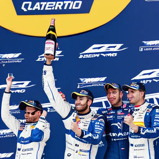 Prompt: nicholas latifi on the top step of podium, spraying champagne, fireworks, professional photograph