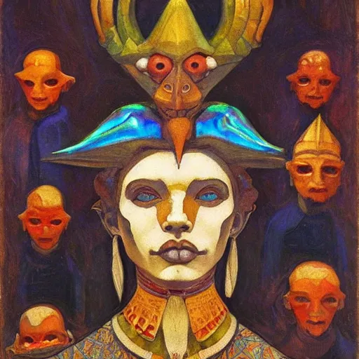 Image similar to the bone crown, by Annie Swynnerton and Nicholas Roerich and Diego Rivera, dark skin, elaborate costume, iridescent beetles, geometric ornament, rich color, dramatic cinematic lighting, smooth, sharp focus, extremely detailed