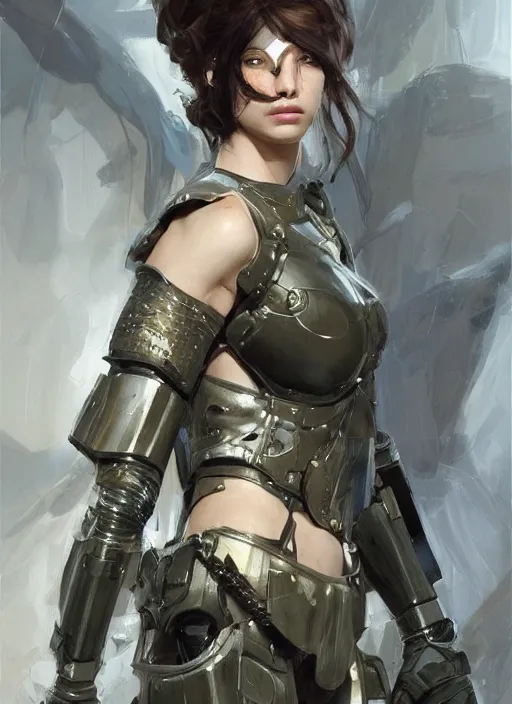 Image similar to a professional painting of a beautiful young female, clothed in military armor, olive skin, long dark hair, beautiful bone structure, symmetrical facial features, intricate, elegant, digital painting, concept art, smooth, sharp focus, illustration, from Metal Gear, by Ruan Jia and Mandy Jurgens and Artgerm and William-Adolphe Bouguerea