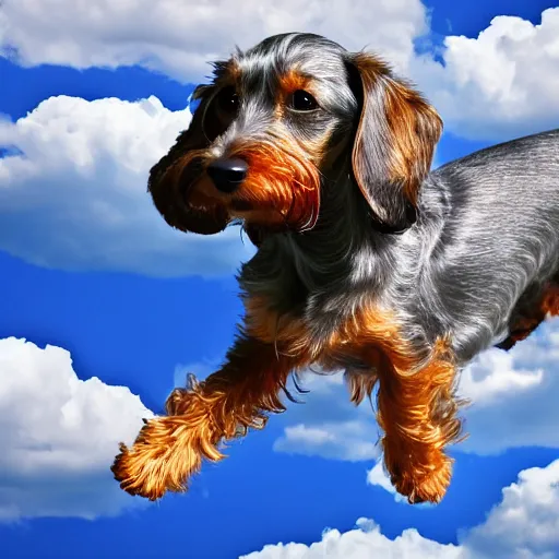 Image similar to photo of an elderly light gray overweight wire-haired dachshund with long hair floating in heaven, blue sky, white clouds