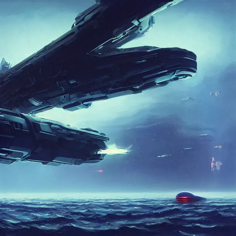 Prompt: mechanical squid spaceship crashing into a black ocean, by john harris, by simon stalenhag, sci - fi concept art