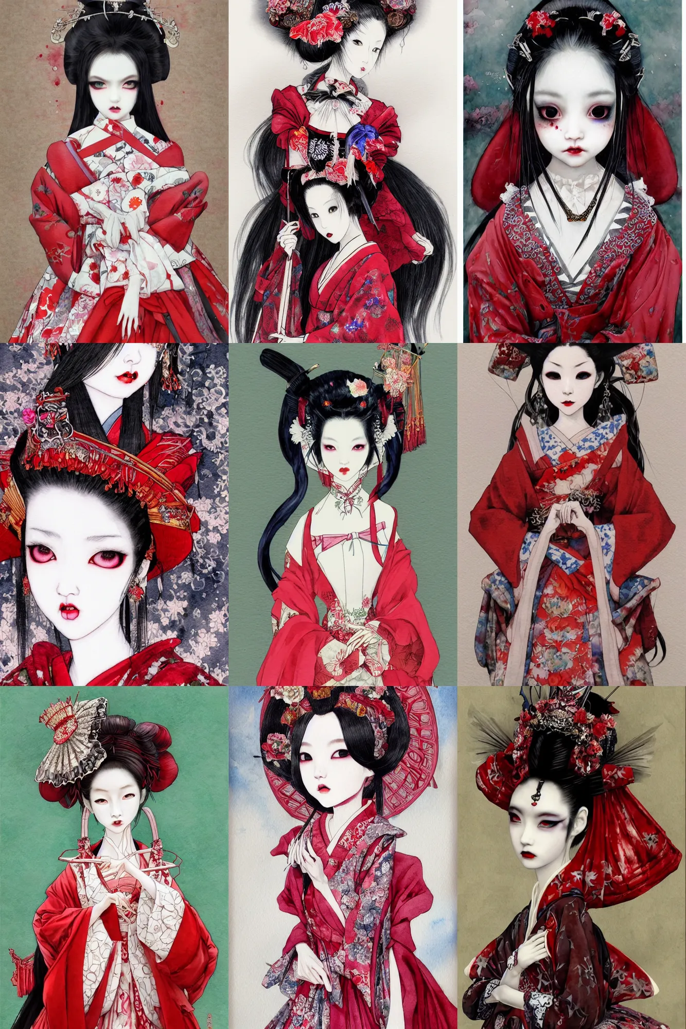 Prompt: watercolor painting of a japanese bjd geisha vampire queen with a long neck in a victorian lolita fashion red dress in the style of dark - fantasy painted by yoshitaka amano, amy sol, ayami kojima, dmt art, symmetrical vogue face portrait, intricate detail, artstation, cgsociety, artgerm, rococo