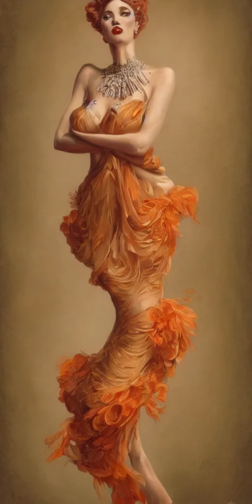 Image similar to a beautiful hyperrealistic portrait pose of a stunning 1950’s burlesque model in a cream-and-orange dress looking happy, intricate, elegant, highly detailed, smooth, sharp focus, award-winning, masterpiece, in the style of Tom Bagshaw, Cedric Peyravernay, Peter Mohrbacher