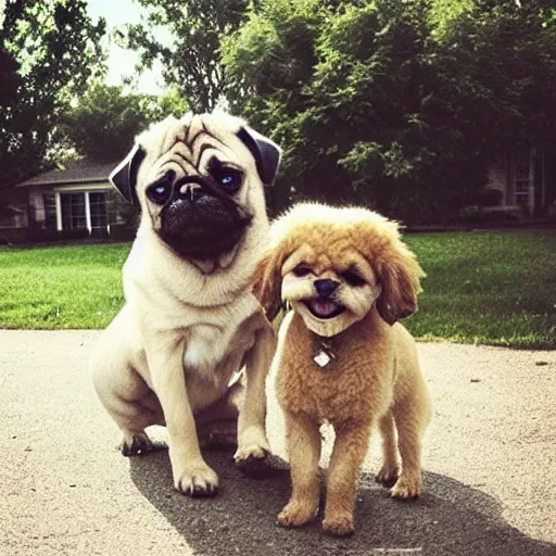 Prompt: “A Pug and a Golden Doodle playing in the suburbs”