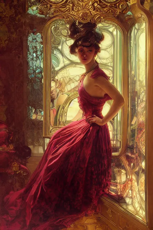 Image similar to an intricate artistic pose painting of a beautiful young victorian lady looking through a baroque mirror with an artistic pose wearing a beautiful velvet dress, hyper detailed, octane render, vivid colors, artstation, by jeremy mann, alphonse mucha, by boris vallejo