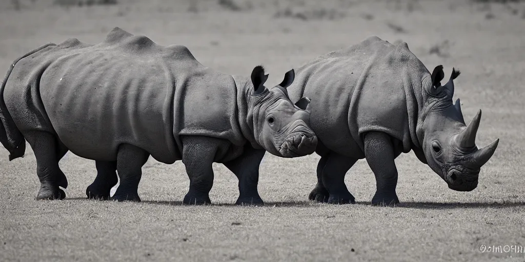 Image similar to a rhino standing opposed to a hippo, a standoff in the African savanna