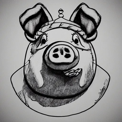 Prompt: black and white grunge cartoon sketch of a pig in a gold crown by - beeple , loony toons style, horror themed, detailed, elegant, intricate, outline