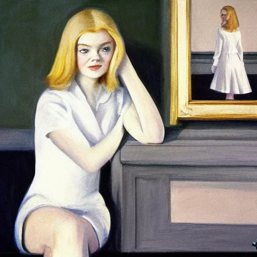 Prompt: Painting of Elle Fanning in an Alfred Hitchcock film, long blonde hair, delicate, pale milky white porcelain skin, by Edward Hopper. 8K. Extremely detailed.