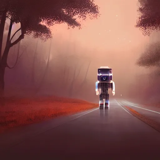 Prompt: Beautiful cinematic scene of a robot walking alongside an empty road surrounded by trees, at night, soft lighting, peaceful, science fiction, award-winning, cinematic lighting, insanely detailed, very realistic, Artstation, Cgsociety, by Simon Stalenhag, directed by Denis Villeneuve, filmic