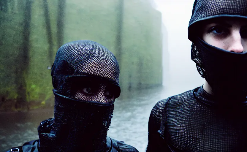 Prompt: cinestill 5 0 d candid photographic portrait by helen levitt of two european mail androids wearing rugged black mesh techwear in treacherous waters, extreme closeup, modern cyberpunk moody depressing cinematic, pouring rain, 8 k, hd, high resolution, 3 5 mm, f / 3 2, ultra realistic faces, ex machina