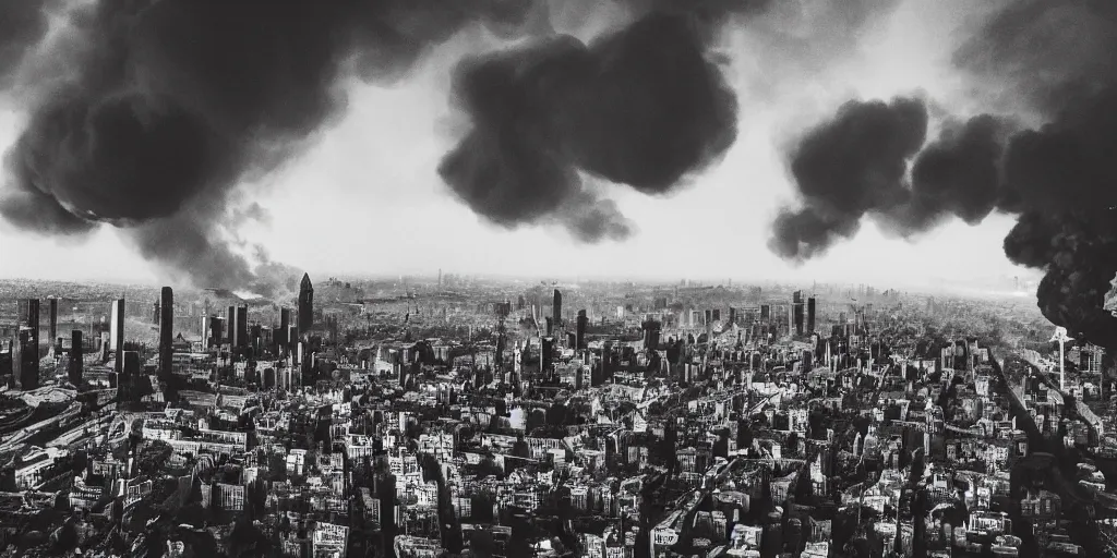 Prompt: steampunk city skyline engulfed in flames, huge explosions everywhere, bird's eye view, wide shot, cinematic, 1 3 5 film, black and white photograph