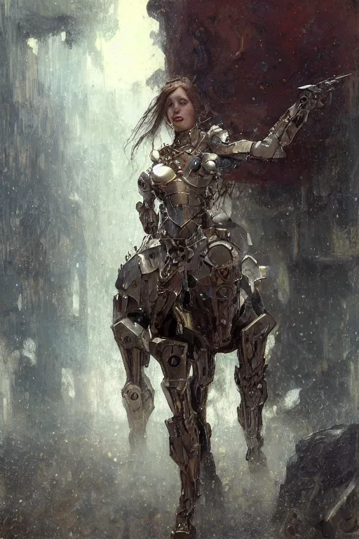 Image similar to portrait full body girl metal armor and metal horse digital painting by gaston bussiere, anna nikonova aka newmilky, greg rutkowski, yoji shinkawa, yoshitaka amano, tsutomu nihei, donato giancola, geoffroy thoorens, gustav klimt, trending on artstation, muted colors, extreme detail