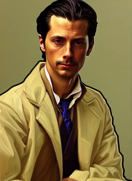 Image similar to oil portrait of miles edgeworth, intricate, elegant, highly detailed, lighting, painting, artstation, smooth, illustration, art by greg rutowski and alphonse mucha