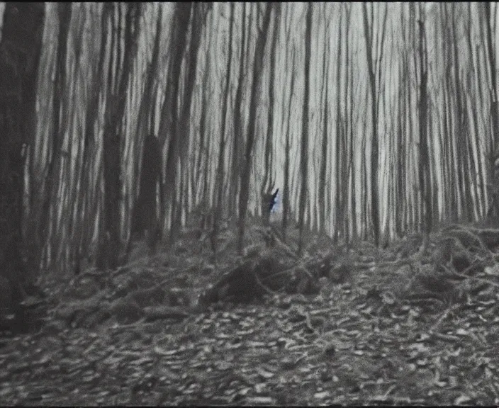 Prompt: a still frame from vhs footage of a creature in a forest, grainy, creature in view, scary