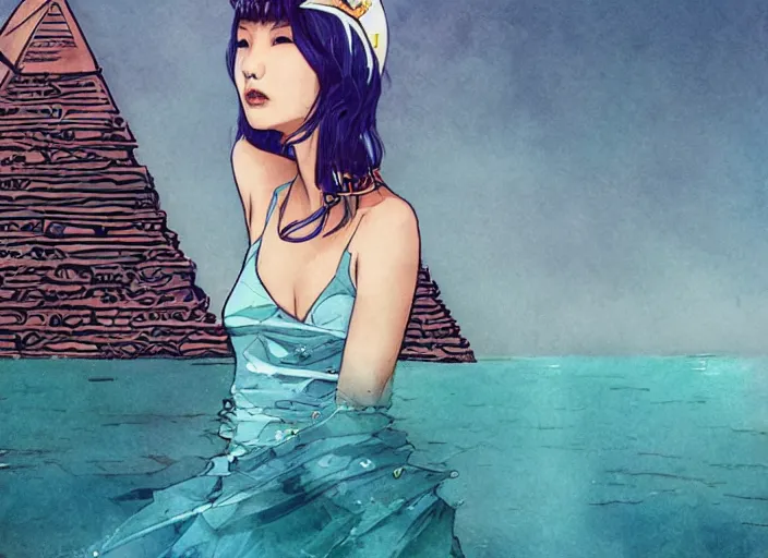 Image similar to lee jin - eun in luxurious dress emerging from turquoise water in egyptian pyramid city during an eclipse by james jean, conrad roset, m. k. kaluta, martine johanna, rule of thirds, elegant look, beautiful, chic, face anatomy, cute complexion