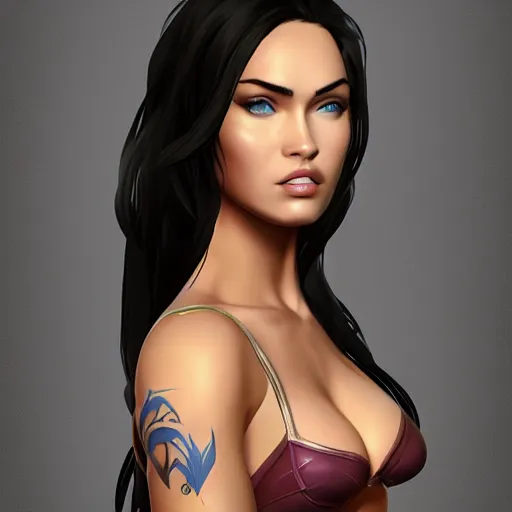 Image similar to character sheet of Megan Fox as a character in the game League of Legends, with a background based on the game League of Legends, 3d render, octane render, iRay, ray tracing, realistic, highly detailed, trending on artstation, 4k, cgsociety, unreal engine 5, redshift render, blender cycles, behance, cg