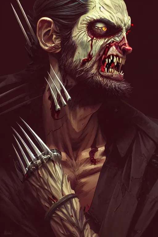 Prompt: a portrait of zombie wolverine, fantasy, sharp focus, intricate, elegant, digital painting, artstation, matte, highly detailed, concept art, illustration, ambient lighting, art by ilya kuvshinov, artgerm, alphonse mucha, and greg rutkowski