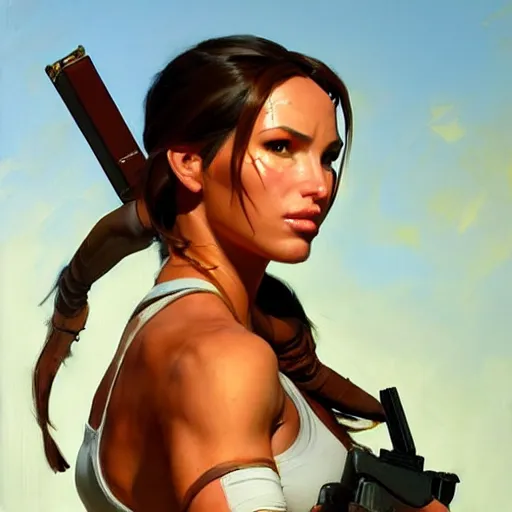 Image similar to Greg Manchess portrait painting of Lara Croft as Overwatch character, medium shot, asymmetrical, profile picture, Organic Painting, sunny day, Matte Painting, bold shapes, hard edges, street art, trending on artstation, by Huang Guangjian and Gil Elvgren and Sachin Teng