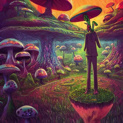 Image similar to A centered chest up portrait of a psychedelic godlike anthropomorphic frog smoking a hand-rolled cigarette smoking heavily , magic mushroom village in background . award winning. superb resolution. in the art style of junji Ito and greg rutkowski . Detailed Mushroom city in background. Hyper realistic anime. Perfect art. Dalle2