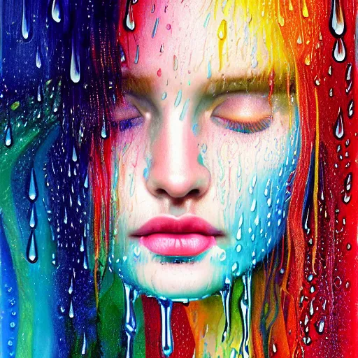 Image similar to portrait of girl in uniquely colored rain with wet hair and face, liquid drops, revelation, epiphany, bliss, fantasy, intricate, elegant, dramatic lighting, highly detailed, lifelike, photorealistic, digital painting, artstation, concept art, smooth, sharp focus, illustration, art by John Collier and Albert Aublet and Krenz Cushart and Artem Demura and Alphonse Mucha