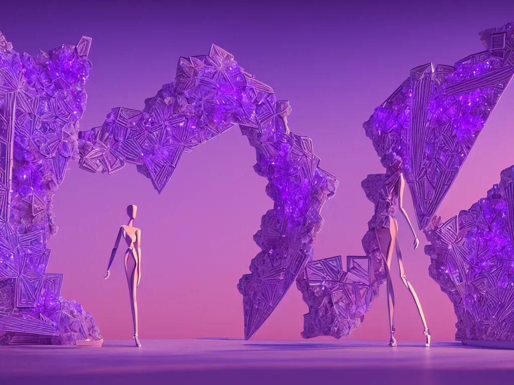 Prompt: beautiful mannequin sculpted out of amethyst by billelis + lit with 3 d geometric neon + facing a doorway opening with neon pink geometric fractal light + flowering hosta plants!!!, moon + city of los angeles in background!! dramatic, rule of thirds, award winning, 4 k, trending on artstation, photorealistic, volumetric lighting, octane render