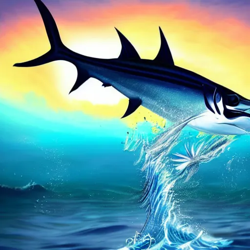 Image similar to of an amazing realistic illustration of a marlin fish jumping out of water, go pro footage, water line surface, sunrise lighting, dynamic composition