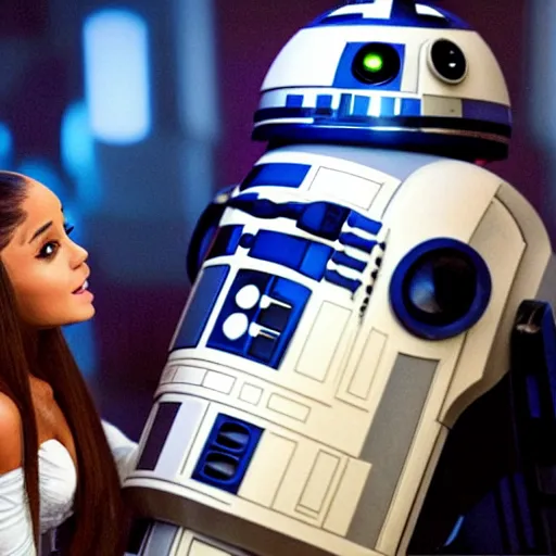 Image similar to a still of Ariana Grande and R2-D2 in a stars wars film