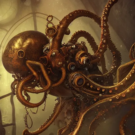 Image similar to underwater steampunk pirate octopus, hyper detailed, digital art, trending in artstation, cinematic lighting, studio quality, smooth render, unreal engine 5 rendered, octane rendered, art style by klimt and nixeu and ian sprigger and wlop and krenz cushart.