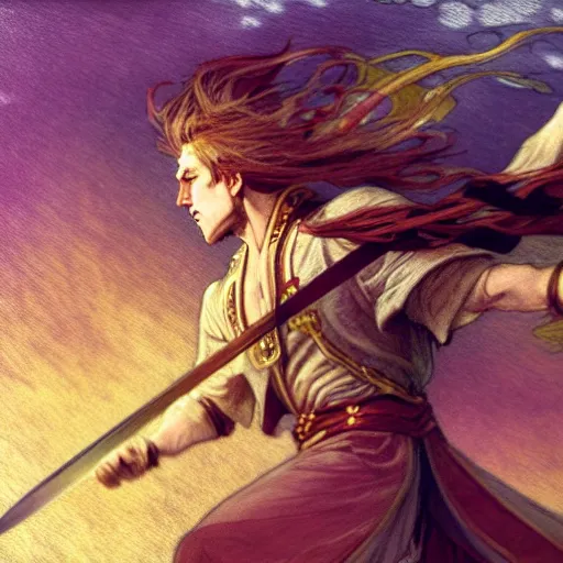 Image similar to a golden swordsman dances on the battlefield, his long hair swirling, fantasy, Mucha, Magic the Gathering, motion blur, dramatic