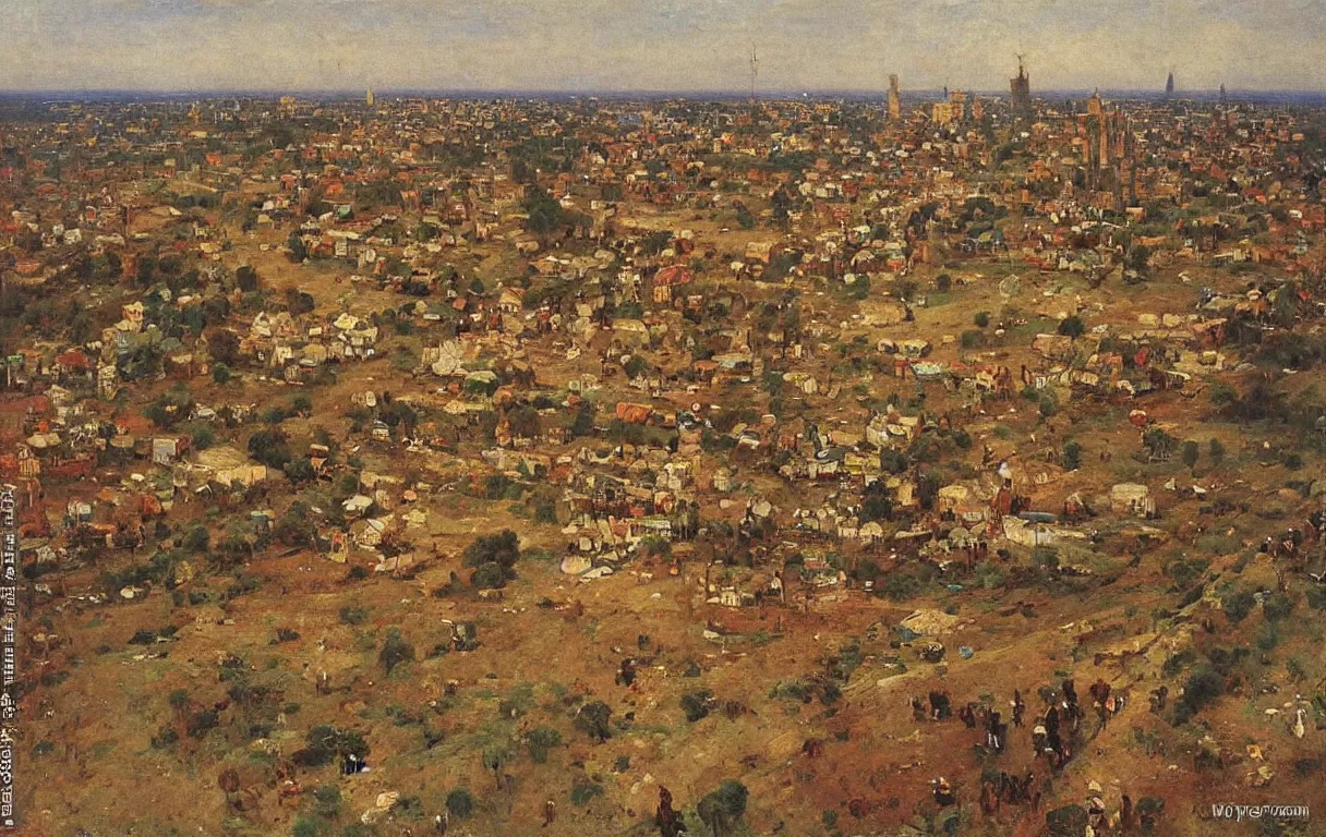 Prompt: very tall defensive wall surrounding a nigerian city, from above, 1885, bright colors oil on canvas, by Ilya Repin