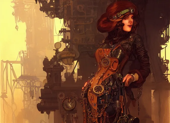 Prompt: woman model, steampunk!!! and modern, rgb, scary!!!! sewers!!!, backlit, elegant, highly detailed, digital painting, artstation, concept art, smooth, sharp focus, illustration, art by krenz cushart and artem demura and alphonse mucha