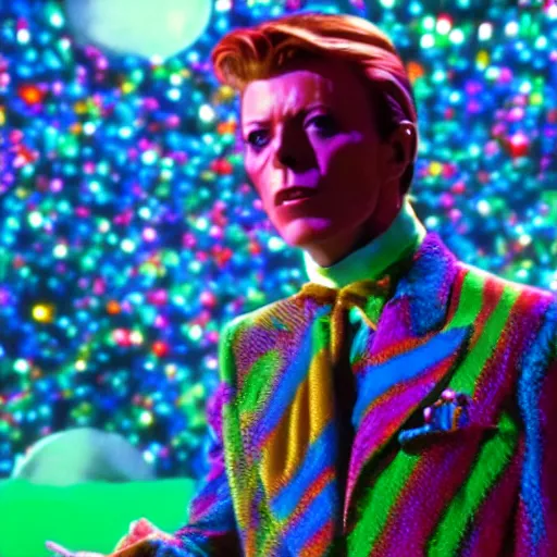 Image similar to awe inspiring David Bowie pkaying Willy Wonka 8k hdr movie still dynamic lighting
