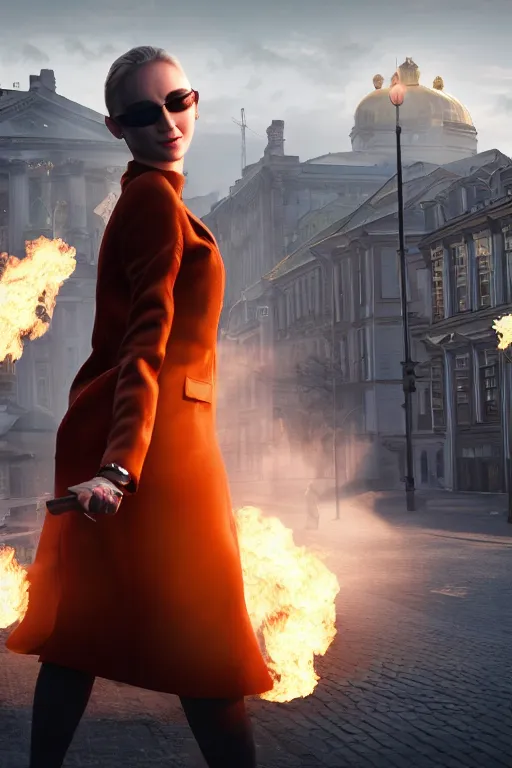 Prompt: in the foreground a street of Saint Petersburg, in the background a magnificent blond woman spitting flames with her hands wearing a long jacket like a matrix, realistic, high definition, many details, dramatic scene, detailed and realistic hands, symmetrical face, realistic eyes, art of unreal engine 5