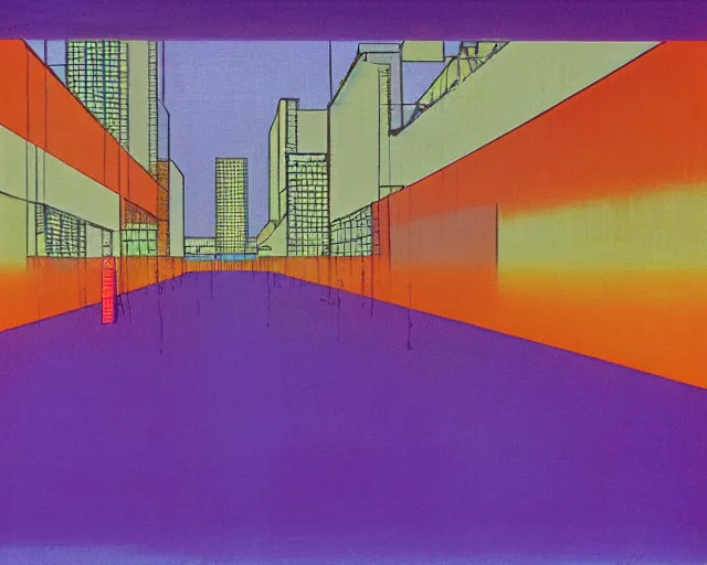 Prompt: purple Japanese city in the distant future. Rain on glass, neon signs, empty. a Rothko painting. three horizontal rectangles. one is yellow, one is red, one is light orange. The red one is the thinnest and has several thin yellow lines running through it with a peak in the middle. The city is seen in high resolution and detail. Impossible sense of scale and depth, bright lights, rain, purple. Future city.