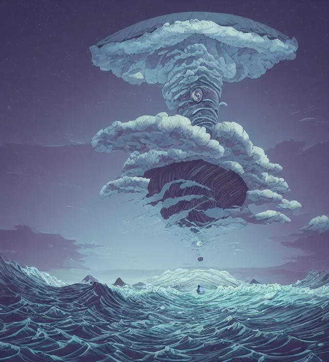 Image similar to a giant 🌊 swirling in the sky above a barren 🏜 by ivan shishkin and zacharias aagaard and simon stalenhag and dan mumford and josan gonzalez, surrealism, hyper detailed, dull, high contrast, desaturated, retrowave