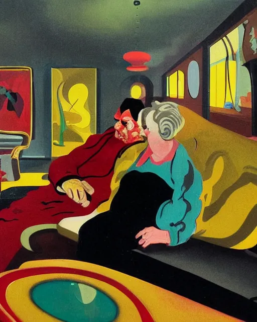 Prompt: old dead couple sitting on a couch, a flesh person inside a large black aquarium with clouds at red and yellow art deco interior room in the style of Francis Bacon and Syd Mead, open ceiling, highly detailed, painted by Francis Bacon and Frank Lloyd Wright, painted by James Gilleard, surrealism, airbrush, very coherent, triadic color scheme, art by Takato Yamamoto and James Jean