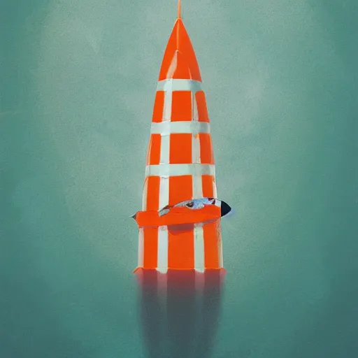 Image similar to orange striped traffic cone with shark teeth around the bottom opening, ocean background detailed atmospheric - ron cheng & alphonse mucha, highly detailed, digital painting, ray tracing, concept art, illustration, smooth sharp focus, intricate, symmetry, artstation,