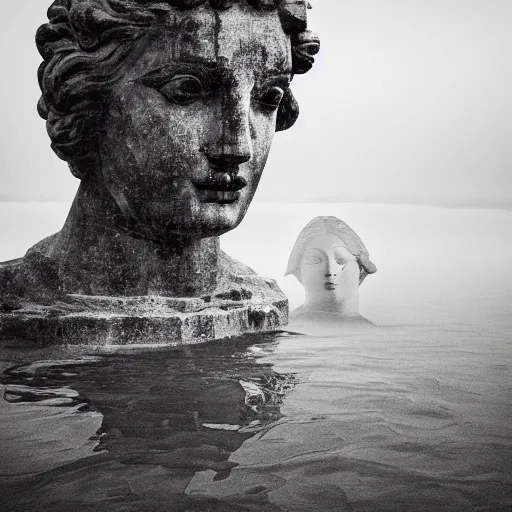 Image similar to Giant statue of a greek goddess scuplted by MichelAngelo, the face emerging from the lake, mist, lomography photo effect, monochrome, noise grain film, cl