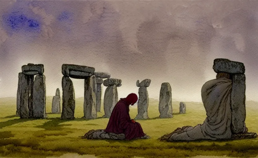 Prompt: a hyperrealist watercolour character concept art portrait of one small grey medieval monk kneeling in prayer as stonehenge rocks float in the air above him. it is a misty night. by rebecca guay, michael kaluta, charles vess and jean moebius giraud