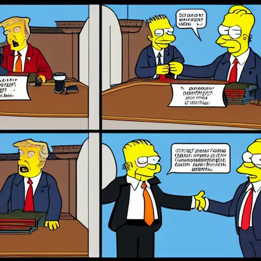 Prompt: donald trump meets homer simpson, comic book panels, drawing, white house,