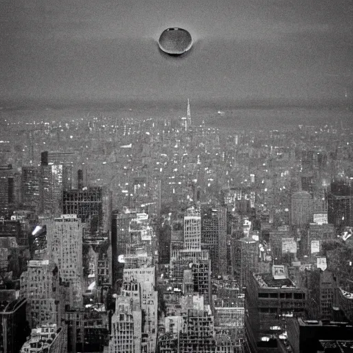 Prompt: grainy black and white photo of giant eyeballs floating over new york city